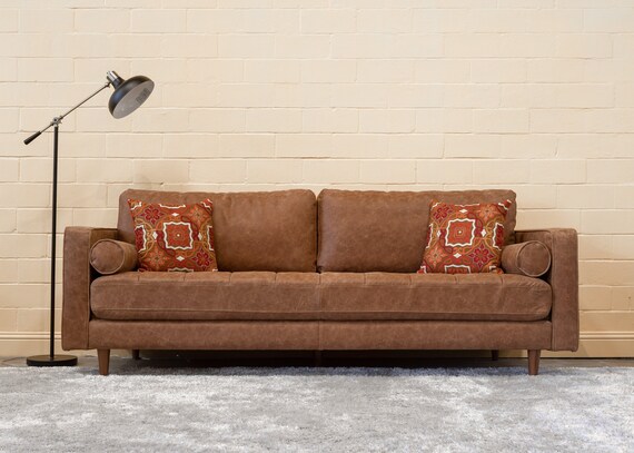 Mid Century Modern Vintage Leather Tufted Sofa With Walnut Legs Contemporary Style Upholstered Couch Removable Danish Style Back Cushions Mid Century Modern Vintage Leather Tufted Sofa With Walnut Legs Contemporary Style Upholstered Couch Removable Danish Style Back Cushions