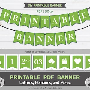 Printable PDF BANNER / green and white printable PDF alphabet letter banner / swallowtail bunting banner / green banner, A-Z, 1 2 3 ...