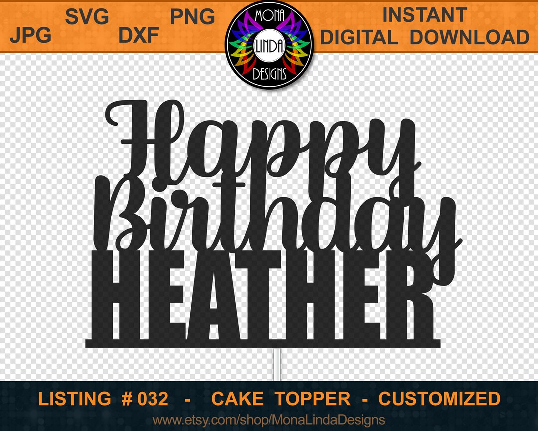 Happy Birthday Heather Cake Topper SVG PNG DXF Cutting File Custom