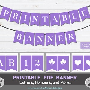 Purple Printable PDF BANNER,Printable alphabet letter banner,printable swallowtail banner,bunting, A-Z banner template, DIY purple banner