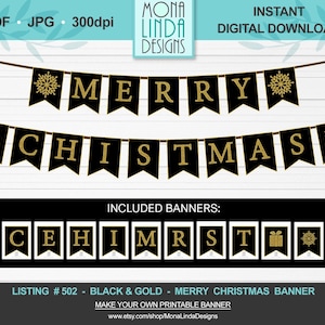 Printable Merry Christmas Banner, DIY swallowtail Christmas Banner, Black and Gold Letters Winter Banner, Garland, DIY Printable Christmas D