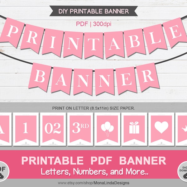 Pink Printable PDF BANNER,Printable alphabet letter banner,printable swallowtail banner,bunting,A-Z banner template,pink baby shower banner