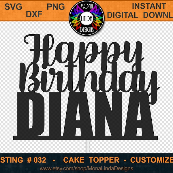 Happy Birthday Diana - Cake Topper | SVG PNG DXF Cutting File | Custom Birthday Cake Topper | Instant Digital Download