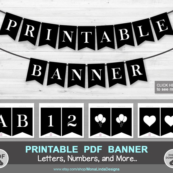 Printable PDF BANNER, Printable alphabet letter banner, printable swallowtail banner, bunting, black white banner, A-Z banner template