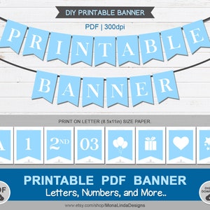 Baby Blue imprimible PDF BANNER, banner de letras del alfabeto imprimible, banner de cola de golondrina imprimible, empavesado, plantilla de banner A-Z, baby boy shower