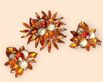 Judy Lee Vintage Orange Rhinestone & Lava Pearl Set