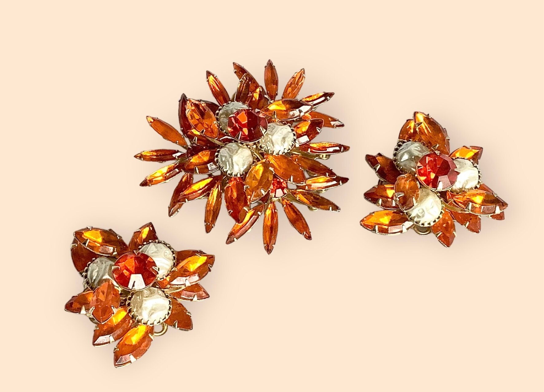 Judy Lee Vintage Orange Rhinestone & Lava Pearl Set - Etsy