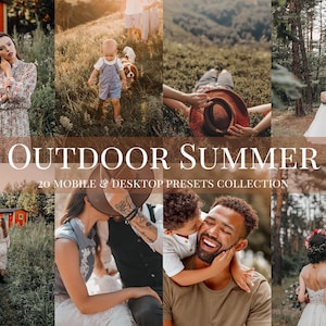 Peut inclure: Un collage de photos d'été en extérieur avec une esthétique chaleureuse et dorée. Les images présentent des personnes dans la nature, dont un couple, un enfant et des individus dans des champs et des forêts. Le texte superposé indique "Outdoor Summer" et "20 Mobile & Desktop Presets Collection."