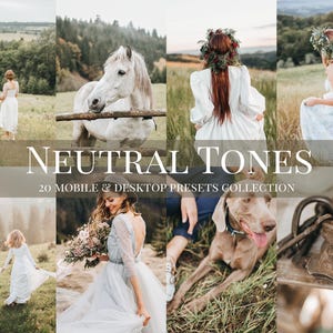 May include: A collection of 20 mobile and desktop presets for photo editing, featuring a neutral color palette. The presets are designed to enhance the natural tones of images, creating a soft and dreamy aesthetic. The image shows a variety of scenes, including a couple in a field, a horse in a forest, and a dog in a grassy area.