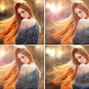 May include: A woman with long, flowing red hair is wearing a gray sweater. She is standing in a forest with a sun flare behind her. The sun flare has a rainbow effect.