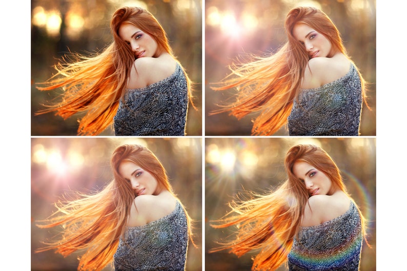 May include: A woman with long, flowing red hair is wearing a gray sweater. She is standing in a forest with a sun flare behind her. The sun flare has a rainbow effect.