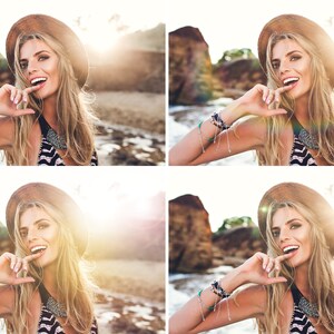 May include: A woman wearing a brown hat, a black and white striped swimsuit, and several bracelets, smiles at the camera. The background is a beach with rocks and water.