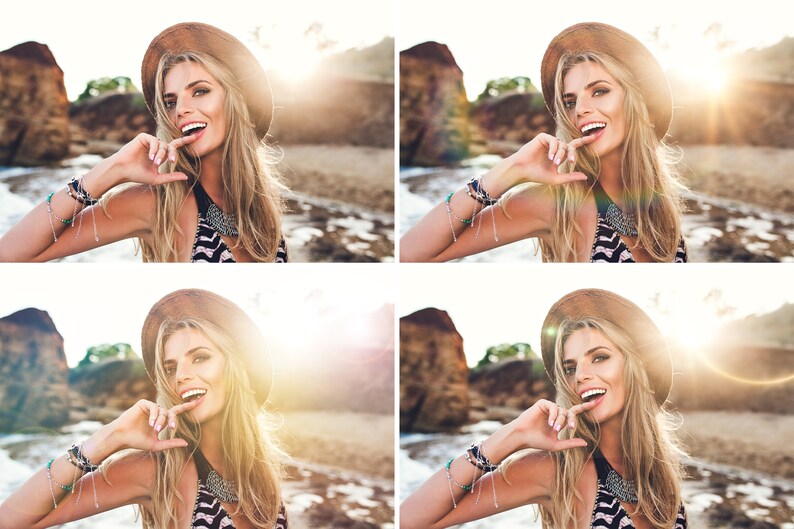 May include: A woman wearing a brown hat, a black and white striped swimsuit, and several bracelets, smiles at the camera. The background is a beach with rocks and water.
