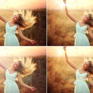 May include: A woman with long blonde hair is wearing a white dress and smiling while standing in a field with a sunset in the background.