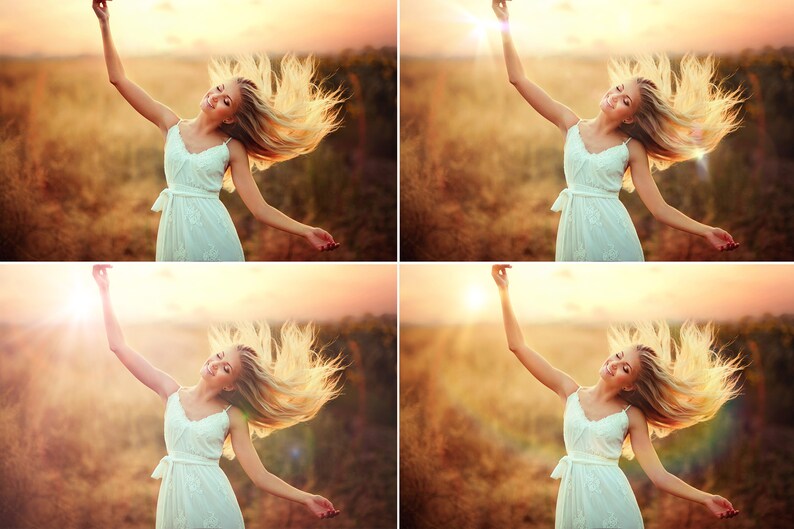 May include: A woman with long blonde hair is wearing a white dress and smiling while standing in a field with a sunset in the background.