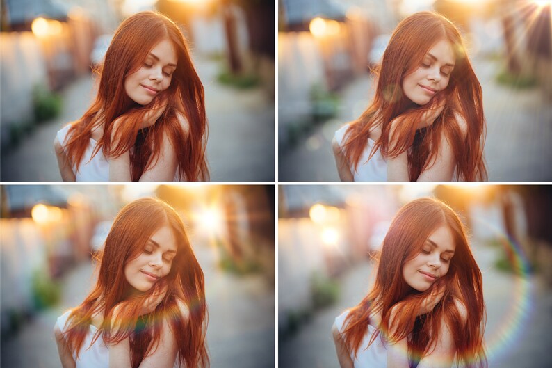 May include: A woman with long, red hair is standing in a street with a blurred background. She is wearing a white tank top and has her eyes closed. The sun is shining brightly behind her, creating a lens flare effect.