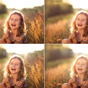 May include: A young girl with long blonde hair laughs while sitting in a field of tall grass. The sun shines brightly behind her, creating a warm glow.