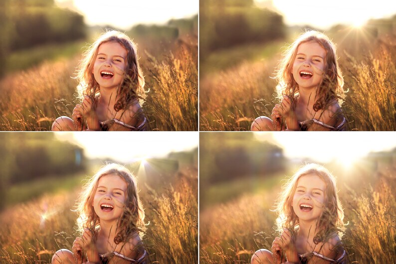 May include: A young girl with long blonde hair laughs while sitting in a field of tall grass. The sun shines brightly behind her, creating a warm glow.