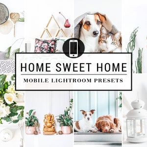 May include: A collage of images showcasing a variety of home decor items, including a white lantern, a wooden statue of an elephant, a floral arrangement, and a set of woven wall hangings. The text "HOME SWEET HOME MOBILE LIGHTROOM PRESETS" is displayed in the center of the image.