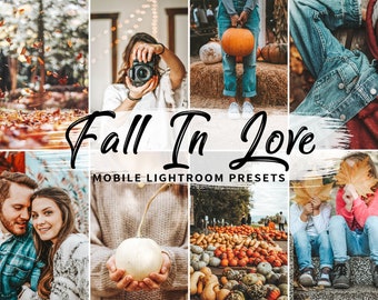 May include: A collage of images featuring fall-themed photos, including pumpkins, leaves, and people. The text "Fall In Love" is written in a large, stylized font, with the words "Mobile Lightroom Presets" below it.
