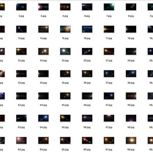 May include: A collection of 70 different lens flare effects, each with a unique shape and color. The flares are all set against a black background.