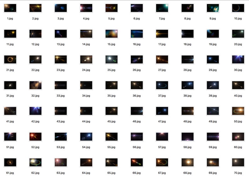 May include: A collection of 70 different lens flare effects, each with a unique shape and color. The flares are all set against a black background.