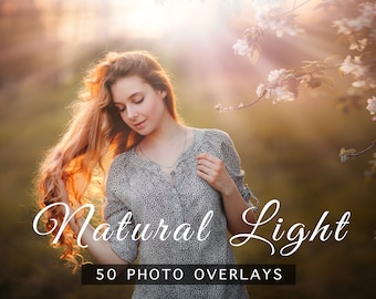 50 Natural Light Photo Overlays, JPEG Overlays for Photoshop, Light Overlays