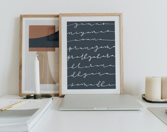 8 limbs of yoga poster wall hanging digital file instant download calligraphy print