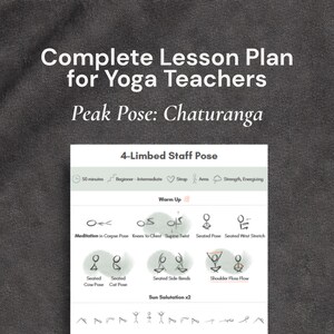 May include: A white document titled Complete Lesson Plan for Yoga Teachers Peak Pose: Chaturanga. It features a 4-Limbed Staff Pose guide with icons for 50 minutes, beginner-intermediate level, strap, arms, strength, and energizing, plus stick figure poses.