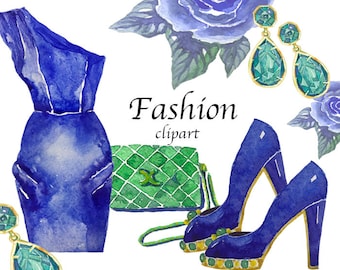 Fashion Clipart, Watercolor Clipart, Blue Clipart, Digital Clipart,Dress Clipart, Fashion Set, Accessories Clipart