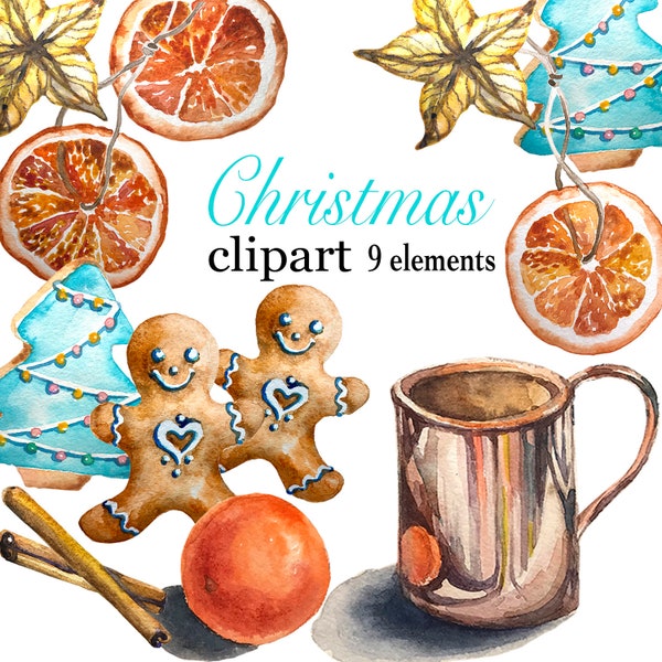 Weihnachtscliparts, Orangen und Gingersnaks Clipart, Cookies Tannenbaum Clipart, Ginger Cookies Clipart, Orange & Tutquose Clipart, Kupfer-Becher