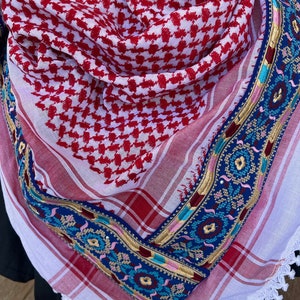 Red Kuffiyeh Scarf with Custom Tatreez - Palestinian Arab Scarf Kufiya Kufiye Kufiyah Hatta