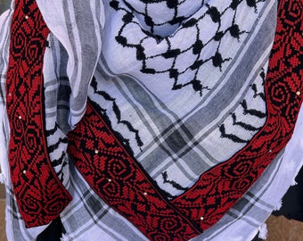 Kuffiyeh Scarf with Custom Tatreez (Embroidery) - Palestinian Hatta Unisex Free Palestine Scarf