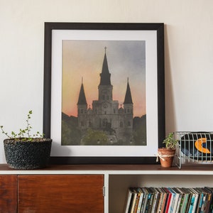 St. Louis Cathedral at Sunset | Watercolor Print | Matted | Gift | New Orleans | Louisiana | Sunset | Art