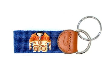 Needlepoint Field Jacket Key Fob: Handstitched Leather Keychain