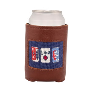 Handmade Needlepoint Beer Can Cooler: Full-Grain Leather, Neoprene Lined