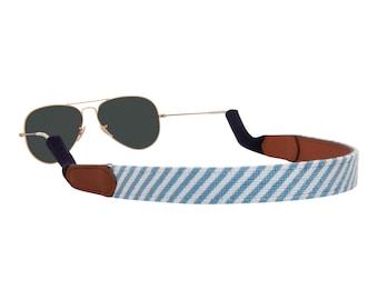 Handstitched Needlepoint Sunglass Strap: Seersucker Nautical Leather Retainer
