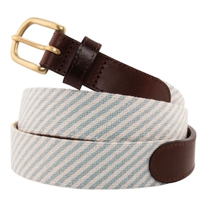 Handmade Leather Needlepoint Belt: Seersucker Cotton with Brass Buckle