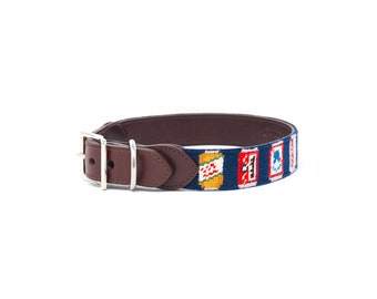 Leather Needlepoint Beer Can Dog Collar: Handstitched Stainless Steel Hardware