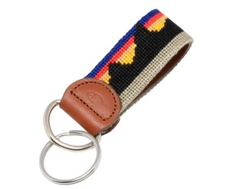 Handmade Mountain Range Needlepoint Keychain: Leather Key Fob
