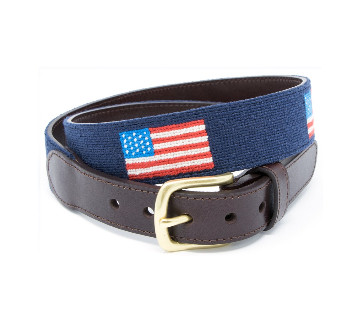 Full Grain Leather Needlepoint American Flag Mens Belt Etsy