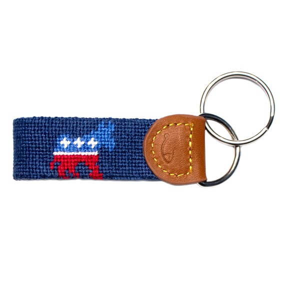 Handstitched Needlepoint Democrat Donkey Key Fob: Leather Patriotic Key Chain