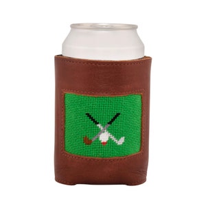 Handmade Golf Needlepoint Can Cooler: Full-Grain Leather, Neoprene Lined