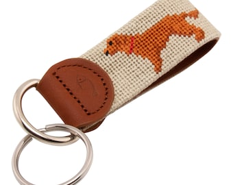 Chocolate Lab Needlepoint Keychain: Handmade Cotton & Leather Key Fob