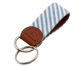 Handmade Seersucker Needlepoint Keychain: Leather Backed Key Fob