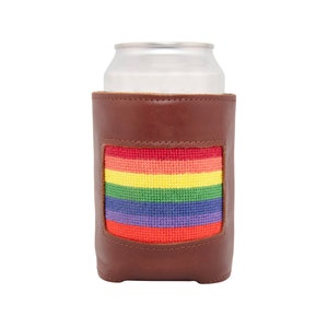 Rainbow Needlepoint Can Cooler: Handmade Leather & Neoprene