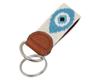 Evil Eye Needlepoint Keychain - Hand-stitched Key Fob by Huck Venture, Nazar, Bohemian Gifts, Leather Backing, Metal Rings