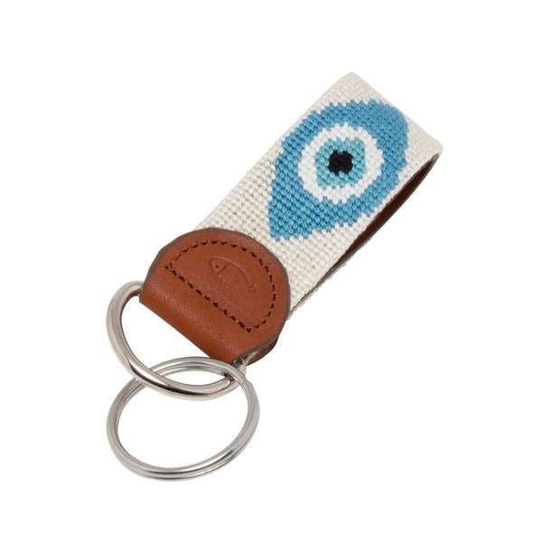 Evil Eye Needlepoint Keychain - Hand-stitched Key Fob by Huck Venture, Nazar, Bohemian Gifts, Leather Backing, Metal Rings