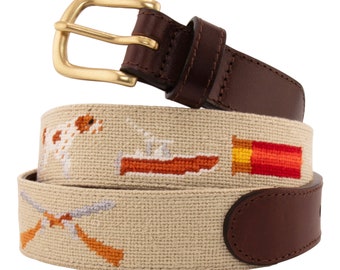 Leather Handstitched Needlepoint Sportsman Men’s Belt with Khaki Background Handmade Using Top Quality Cotton with Brass Buckle