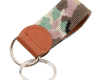 Handstitched Needlepoint Camo Key Fob: Leather Keychain